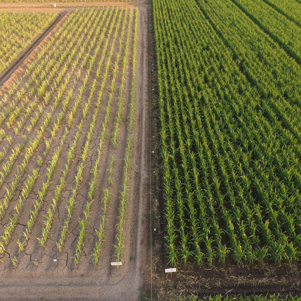 An overhead, photographic realism view of a demonstration field divided into contrasting plots: one section with dull, sparse, pale-green crops and another with vibrant, lush, deep-green plants, illustrating the effect of microbial Bio‑NPK consortia. Discrete markers and small, minimal signboards identify different treatments. The soil surface in the healthier plot shows darker color and visible organic residue, while the control appears dry and lighter. Soft late-afternoon sunlight casts long, gentle shadows across the rows, adding depth and warmth without overpowering the details. The composition uses clear, geometric lines of crop rows for a structured, data-driven feel, evoking scientific field trials, measurable yield gains, and sustainable agronomic performance.