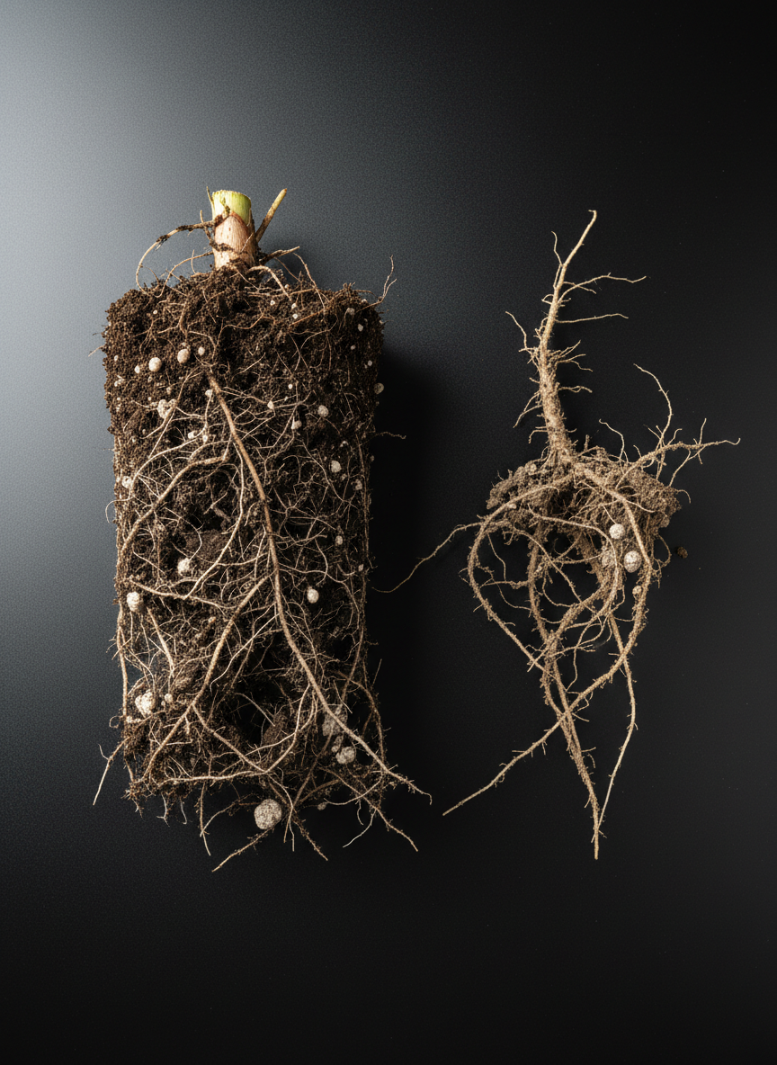 A high-resolution, photographic realism image of a single, carefully uprooted crop plant—such as maize or wheat—lying on a clean, matte-black surface. Its roots are fully exposed, coated in dark, moist soil speckled with fine white fungal hyphae and tiny micro-aggregates, clearly showing dense root branching and root hairs. Next to it lies a comparison plant with thinner roots and lighter, drier soil clinging to them. Bright, directional studio lighting from the top-left creates crisp highlights on the healthy roots and gentle, controlled shadows, emphasizing structural differences. Shot from a slightly elevated angle with sharp focus on both plants, the mood is analytical, precise, and educational, underscoring root health and the impact of microbial biofertilizers.