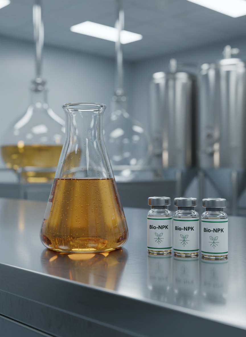 A close-up, photographic realism shot of a transparent laboratory flask filled with a slightly viscous, golden-brown liquid biofertilizer, tiny suspended particles visible throughout. The flask stands on a spotless, brushed stainless-steel lab bench beside neatly labeled glass vials containing Bio‑NPK, each with crisp, modern green and white labels featuring minimalist icons of leaves and roots. Behind them, out of focus, are clean bioreactors and stainless fermentation tanks. Cool, bright LED lab lighting reflects off the glass surfaces, creating sharp, clinical highlights and a highly professional atmosphere. Shot at eye level with a shallow depth of field, the composition feels precise and innovative, emphasizing scientific rigor in microbial fertilizer development.