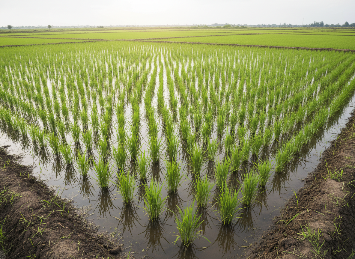 Photorealistic image of a lush green paddy rice field with standing water, healthy rice plants at tillering stage, and dark, living soil visible at the bund edges, under soft daylight, scientific yet hopeful agricultural mood.