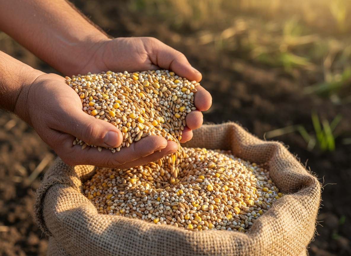 Photorealistic image of a mixed grain harvest: close-up of hands holding a blend of wheat, maize, and millet grains above a burlap sack filled with clean, dry grain, with a subtle hint of dark, healthy soil in the background, warm natural light, conveying abundance and crop diversity.