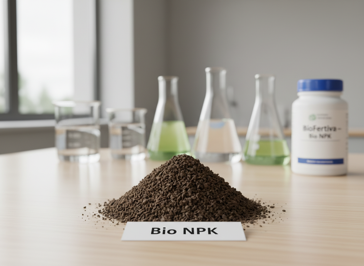 A close-up, photographic realism image of a small pile of rich, dark, crumbly biofertilizer granules labeled Bio NPK, resting on a smooth, light wooden lab bench. Each granule shows subtle organic texture, with hints of earthy brown and charcoal tones, suggesting microbial life within. Behind the sample, out of focus, stand transparent glass beakers and flasks filled with clear and pale green nutrient solutions, along with a neatly labeled white bottle marked “BioFertiva – Bio NPK”. Soft, diffused daylight from a large unseen window illuminates the scene, creating gentle reflections on the glass and a clean, professional atmosphere. Shot at eye level with a shallow depth of field and a minimalist, modern composition that emphasizes precision, science, and sustainability.