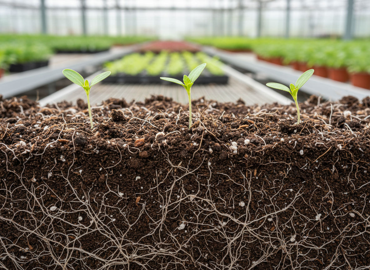 A macro, photographic realism shot of a cross-section of healthy, dark brown soil, revealing fine roots weaving through a crumbly structure enriched with BioFertiva’s carrier-based microbiële consortia. Tiny white root hairs, subtle organic particles, and a few small, vivid green seedlings sprouting above the surface are clearly visible. The background is a gently blurred greenhouse environment with neat rows of plants and clean metal benches. Soft, diffused greenhouse light creates a balanced, neutral illumination, emphasizing texture and moisture without harsh shadows. The composition uses the rule of thirds to place the soil profile prominently, conveying a professional, scientific, yet organic mood focused on bodemgezondheid and living microbiology.